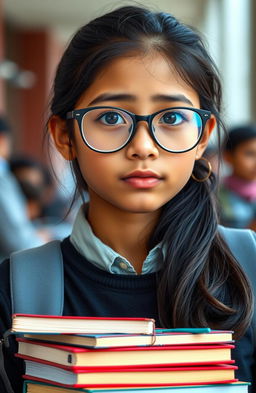 A portrait of a shy girl named Naya, depicted with thick glasses and a stack of books around her