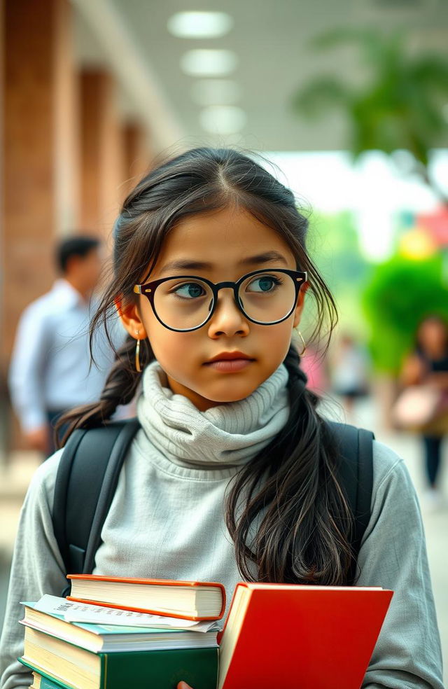 A portrait of a shy girl named Naya, depicted with thick glasses and a stack of books around her