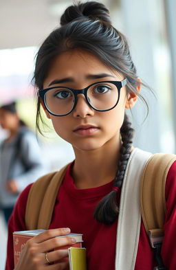 A portrait of a shy girl named Naya, depicted with thick glasses and a stack of books around her