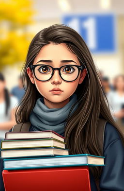 A portrait of a shy girl named Naya, depicted with thick glasses and a stack of books around her