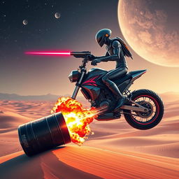 An alien in futuristic armor, featuring sleek and complex designs with glowing accents, is poised on the handlebar of a tireless motorcycle that seamlessly merges with a rocket-bottom spaceship, all while hovering above a desert dune