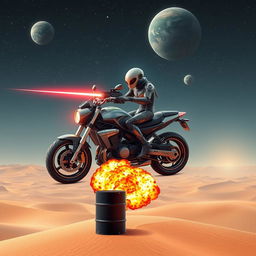 An alien in futuristic armor, featuring sleek and complex designs with glowing accents, is poised on the handlebar of a tireless motorcycle that seamlessly merges with a rocket-bottom spaceship, all while hovering above a desert dune