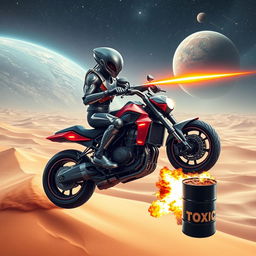 An alien in futuristic armor, featuring sleek and complex designs with glowing accents, is poised on the handlebar of a tireless motorcycle that seamlessly merges with a rocket-bottom spaceship, all while hovering above a desert dune