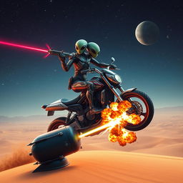 An alien in futuristic armor, featuring sleek and complex designs with glowing accents, is poised on the handlebar of a tireless motorcycle that seamlessly merges with a rocket-bottom spaceship, all while hovering above a desert dune