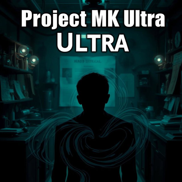 A captivating YouTube thumbnail about Project MK Ultra, featuring an old-fashioned laboratory setting with dim, eerie lighting