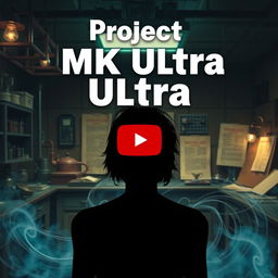 A captivating YouTube thumbnail about Project MK Ultra, featuring an old-fashioned laboratory setting with dim, eerie lighting