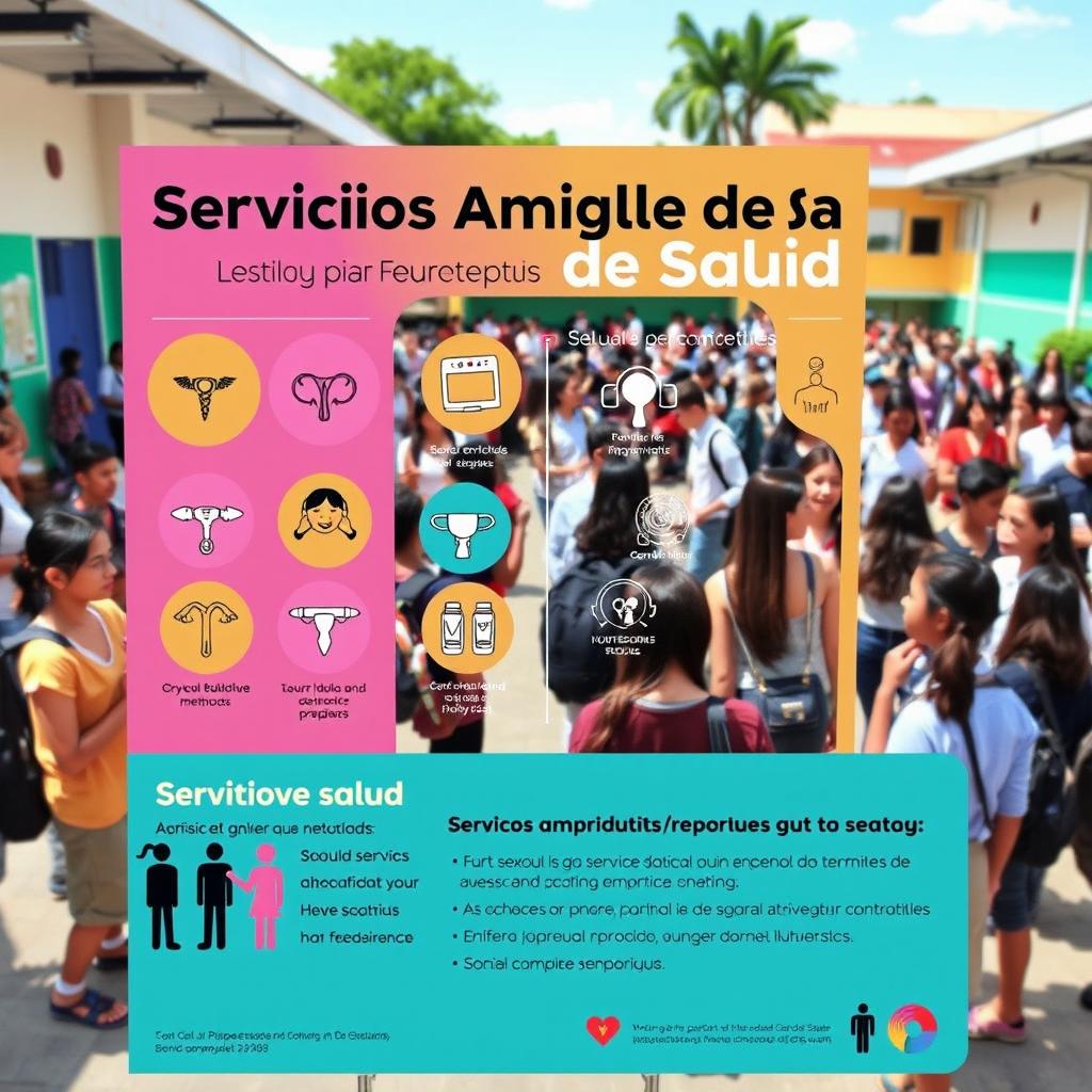 A vibrant and informative poster titled 'Servicios Amigables de Salud' prominently displaying various contraceptive methods and highlighting the sexual and reproductive rights of young people and adolescents