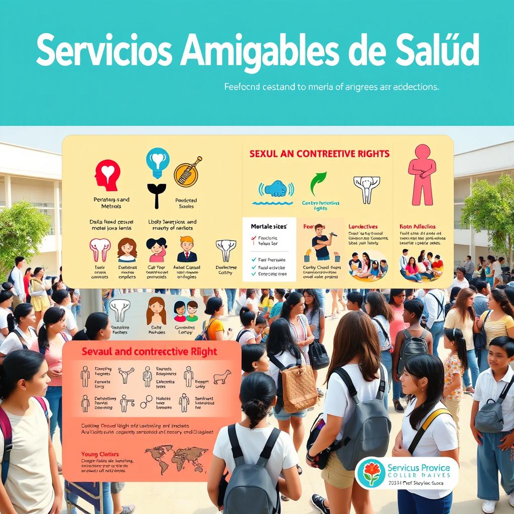 A vibrant and informative poster titled 'Servicios Amigables de Salud' prominently displaying various contraceptive methods and highlighting the sexual and reproductive rights of young people and adolescents