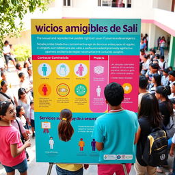 A vibrant and informative poster titled 'Servicios Amigables de Salud' prominently displaying various contraceptive methods and highlighting the sexual and reproductive rights of young people and adolescents