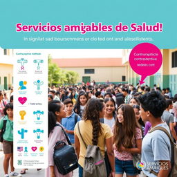 A vibrant and informative poster titled 'Servicios Amigables de Salud' prominently displaying various contraceptive methods and highlighting the sexual and reproductive rights of young people and adolescents