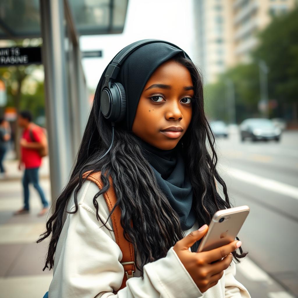 A 15-year-old Black girl waiting at a bus stop, wearing headphones and holding an iPhone in her hand