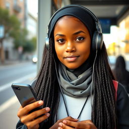 A 15-year-old Black girl waiting at a bus stop, wearing headphones and holding an iPhone in her hand