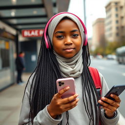 A 15-year-old Black girl waiting at a bus stop, wearing headphones and holding an iPhone in her hand