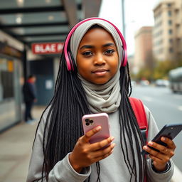 A 15-year-old Black girl waiting at a bus stop, wearing headphones and holding an iPhone in her hand