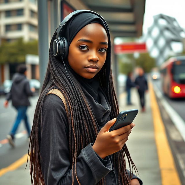 A 15-year-old Black girl waiting at a bus stop, wearing headphones and holding an iPhone in her hand