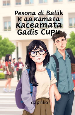 A captivating book cover design titled "Pesona di Balik Kacamata Gadis Cupu" prominently displayed at the top