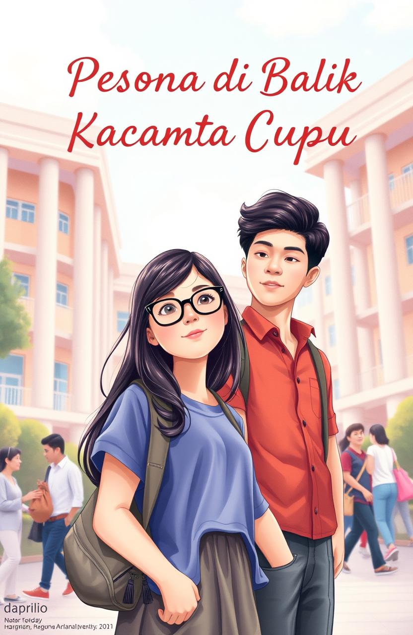 A captivating book cover design titled "Pesona di Balik Kacamata Gadis Cupu" prominently displayed at the top