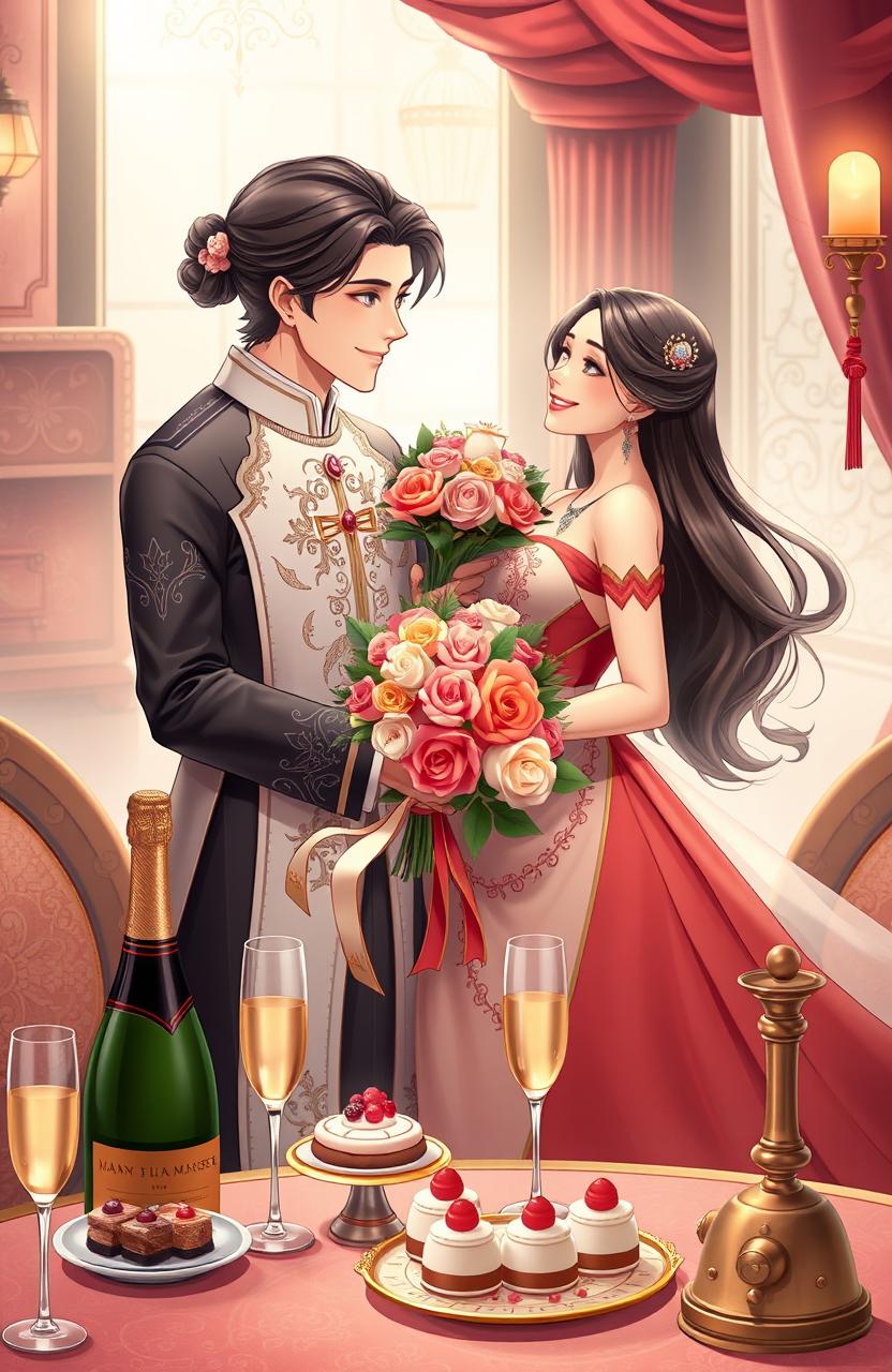 A romantic and heartwarming scene featuring Young Master Jue, a handsome and charming young man with an elegant demeanor, adoringly spoiling his beautiful wife, who has long flowing hair and a joyful smile