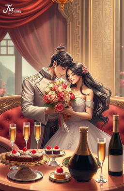 A romantic and heartwarming scene featuring Young Master Jue, a handsome and charming young man with an elegant demeanor, adoringly spoiling his beautiful wife, who has long flowing hair and a joyful smile