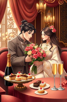 A romantic and heartwarming scene featuring Young Master Jue, a handsome and charming young man with an elegant demeanor, adoringly spoiling his beautiful wife, who has long flowing hair and a joyful smile