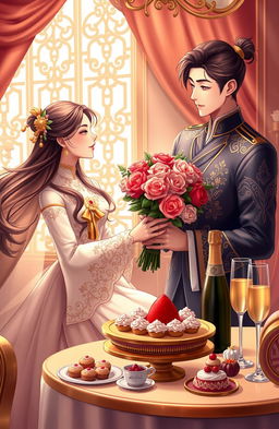 A romantic and heartwarming scene featuring Young Master Jue, a handsome and charming young man with an elegant demeanor, adoringly spoiling his beautiful wife, who has long flowing hair and a joyful smile