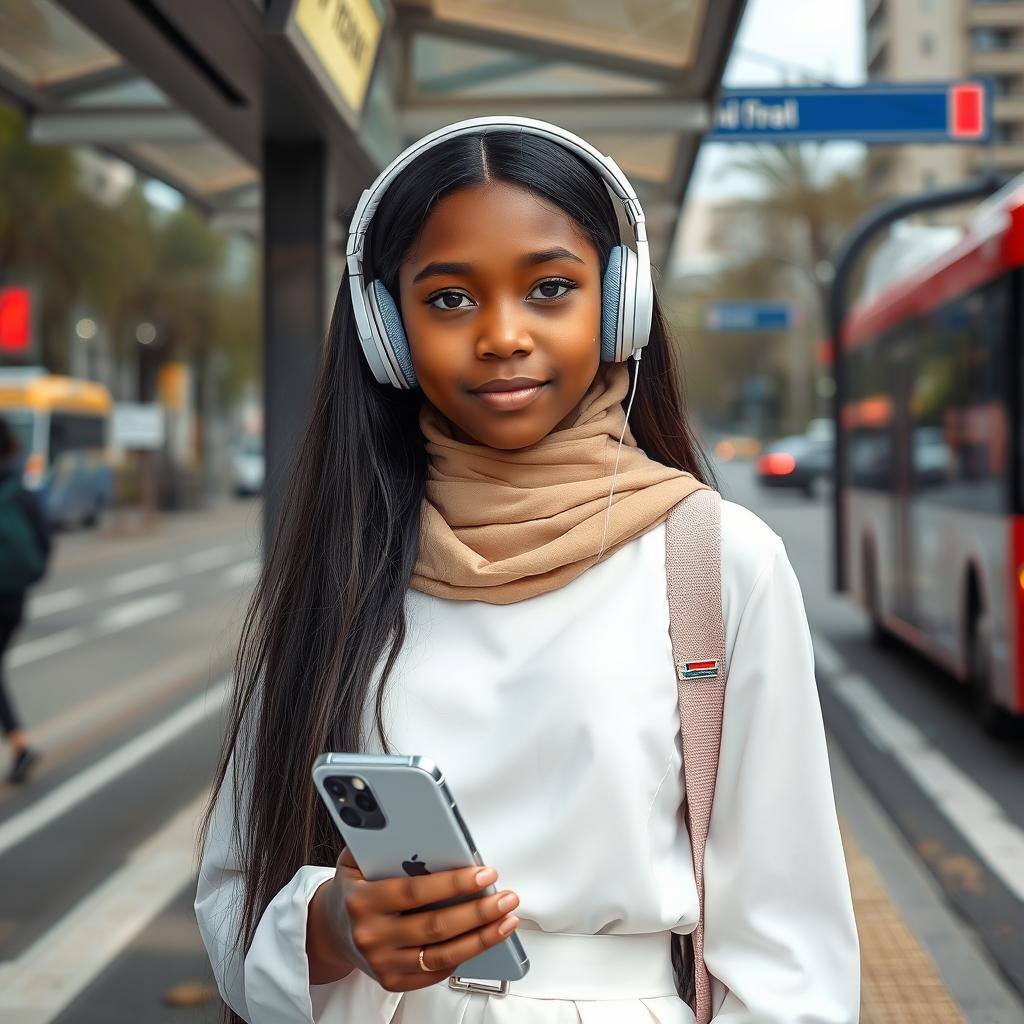 A 15-year-old girl with light Black skin waiting at a bus stop, wearing headphones and holding an iPhone 15 Pro Max in her hand