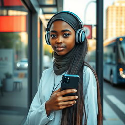 A 15-year-old girl with light Black skin waiting at a bus stop, wearing headphones and holding an iPhone 15 Pro Max in her hand