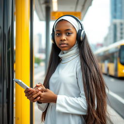 A 15-year-old girl with light Black skin waiting at a bus stop, wearing headphones and holding an iPhone 15 Pro Max in her hand