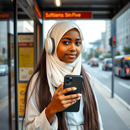 A 15-year-old girl with light Black skin waiting at a bus stop, wearing headphones and holding an iPhone 15 Pro Max in her hand