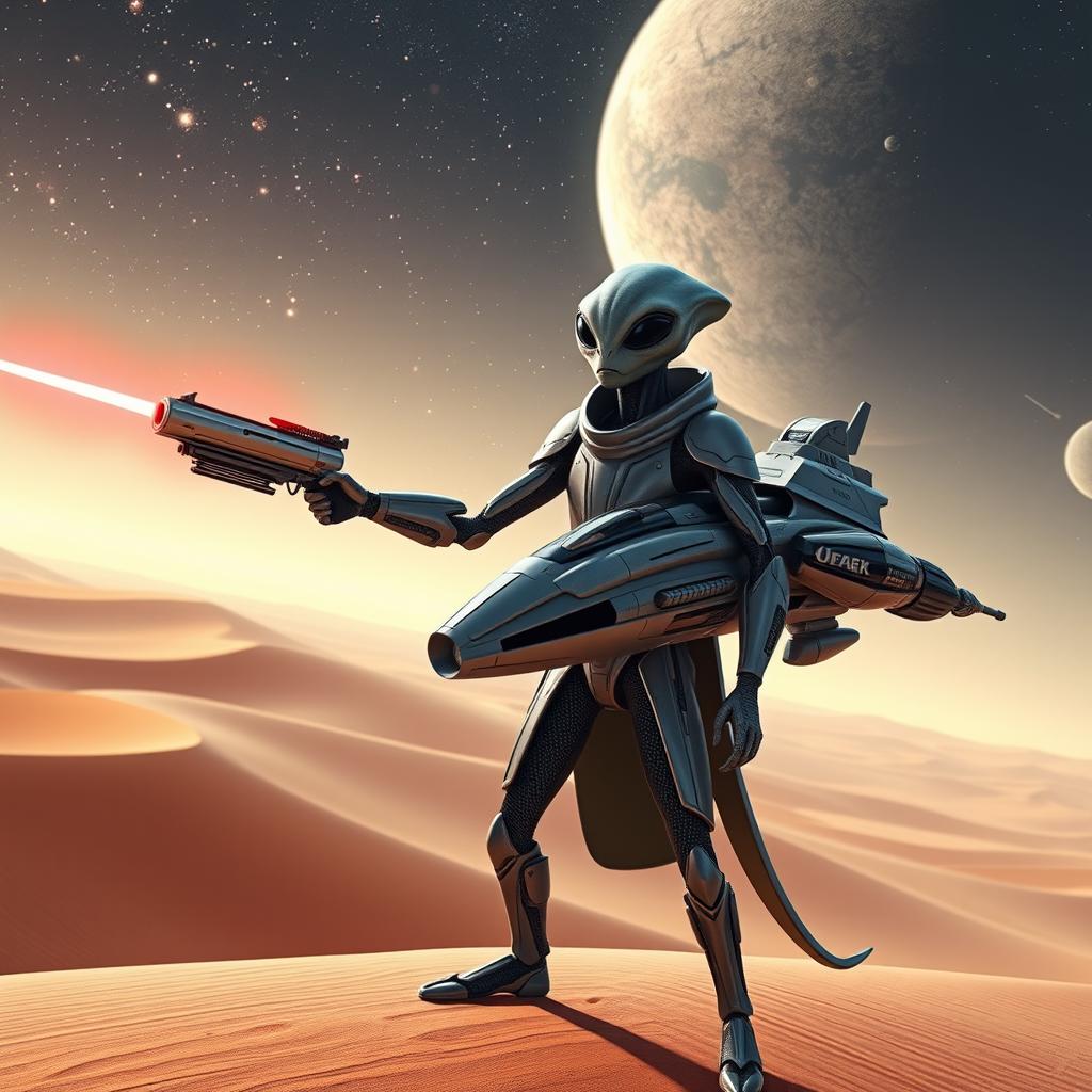 An alien in sleek, futuristic armor, holding a laser gun in his left hand that is actively shooting a bright beam from its barrel