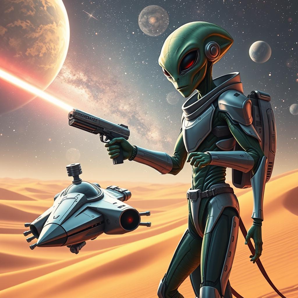 An alien in sleek, futuristic armor, holding a laser gun in his left hand that is actively shooting a bright beam from its barrel