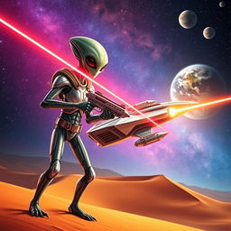 An alien in sleek, futuristic armor, holding a laser gun in his left hand that is actively shooting a bright beam from its barrel