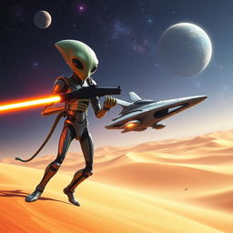 An alien in sleek, futuristic armor, holding a laser gun in his left hand that is actively shooting a bright beam from its barrel