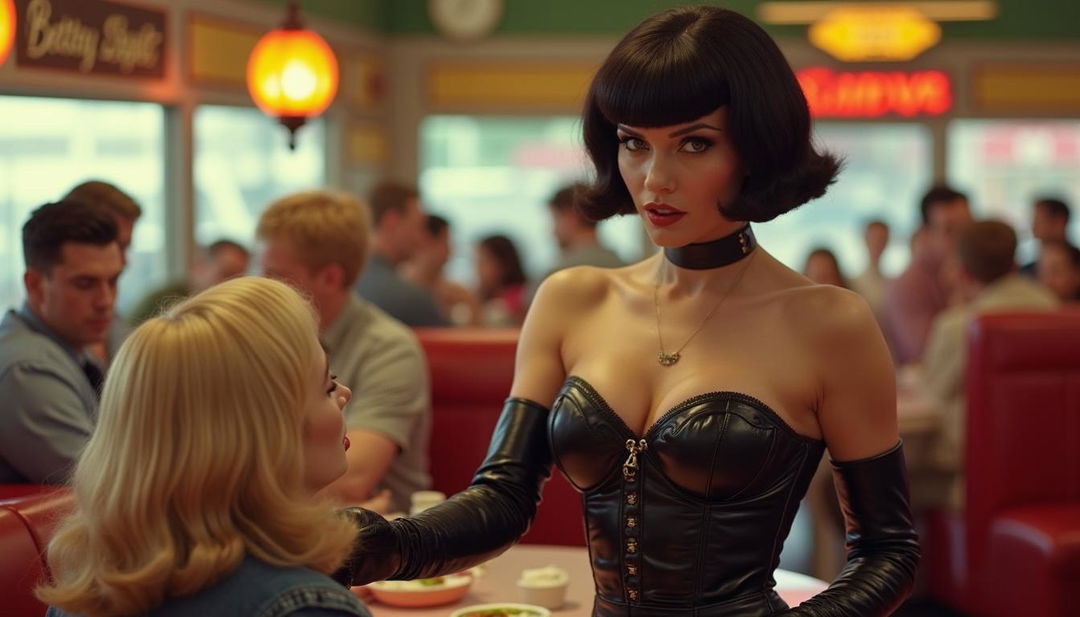 A vibrant scene set in a retro crowded diner featuring Bettie Page working as a waitress