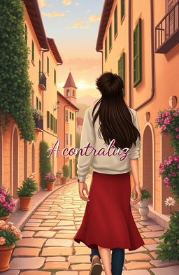 A charming illustration for a young adult romance novel cover, featuring a couple walking hand in hand through a picturesque Italian village