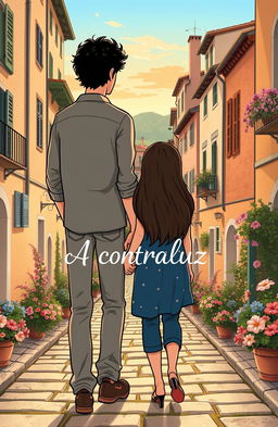 A charming illustration for a young adult romance novel cover, featuring a couple walking hand in hand through a picturesque Italian village