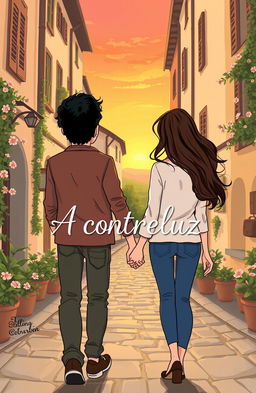 A charming illustration for a young adult romance novel cover, featuring a couple walking hand in hand through a picturesque Italian village