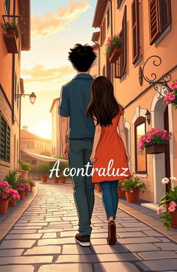 A charming illustration for a young adult romance novel cover, featuring a couple walking hand in hand through a picturesque Italian village