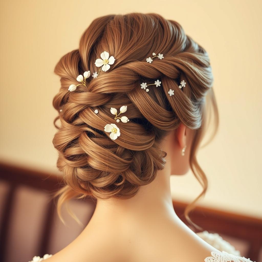 A stunning hairstyle design featuring a modern updo with intricate braiding and soft curls cascading down