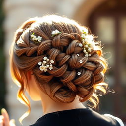 A stunning hairstyle design featuring a modern updo with intricate braiding and soft curls cascading down