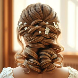 A stunning hairstyle design featuring a modern updo with intricate braiding and soft curls cascading down