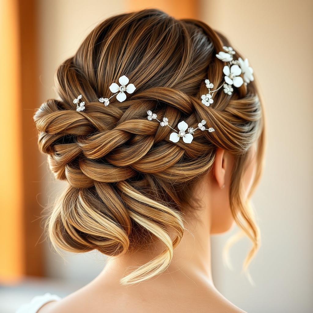 A stunning hairstyle design featuring a modern updo with intricate braiding and soft curls cascading down