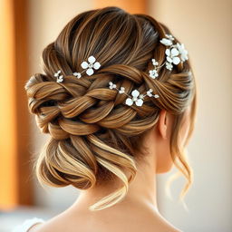 A stunning hairstyle design featuring a modern updo with intricate braiding and soft curls cascading down