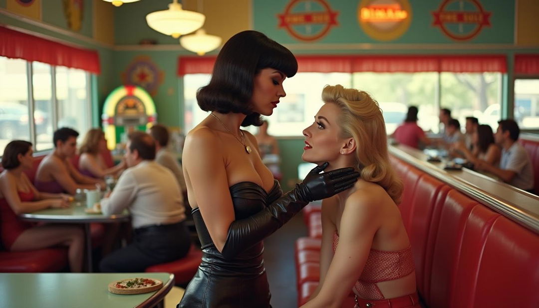 A vibrant 1950s diner scene featuring Bettie Page working as a waitress