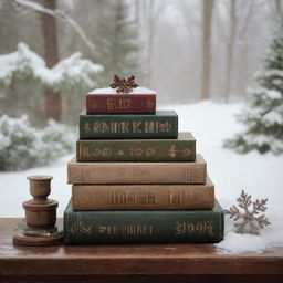 Serene winter landscape covered in pristine snow. Vintage books in earthy browns, deep greens, and warm burgundies rest in the foreground, contrasting with the snow. Snowflakes flutter, landing on the books, sparkling in the soft light. Create an atmosphere of peace and winter magic.