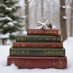 Serene winter landscape covered in pristine snow. Vintage books in earthy browns, deep greens, and warm burgundies rest in the foreground, contrasting with the snow. Snowflakes flutter, landing on the books, sparkling in the soft light. Create an atmosphere of peace and winter magic.