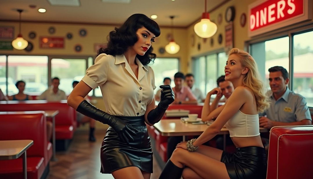 An enchanting 1950s pin-up scene set in a retro crowded diner featuring Bettie Page working as a waitress