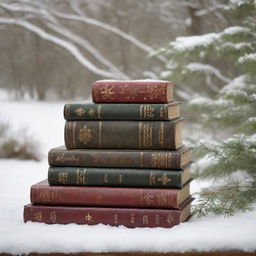 Serene winter landscape covered in pristine snow. Vintage books in earthy browns, deep greens, and warm burgundies rest in the foreground, contrasting with the snow. Snowflakes flutter, landing on the books, sparkling in the soft light. Create an atmosphere of peace and winter magic.