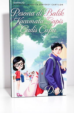 A captivating book cover design for a novel titled 'Pesona di Balik Kacamata Gadis Cupu' by daprilio