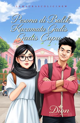 A captivating book cover design for a novel titled 'Pesona di Balik Kacamata Gadis Cupu' by daprilio